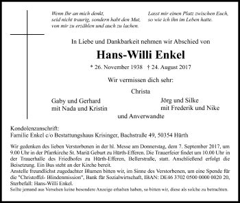 Traueranzeigen Von Hans Willi Enkel Wirtrauern