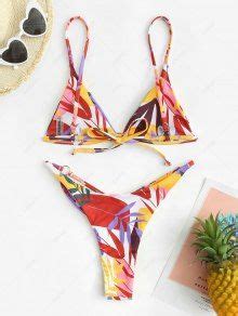 Zaful Ribbed Strappy Cut Out Leaves Print Bikini Swimwear In Multi