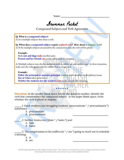 Grammar Practice Worksheet On Compound Subject And Verb Agreement