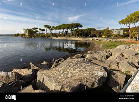 Breathtaking Vista of Lake Bolsena: An expansive view from a high vantage point showing the ...