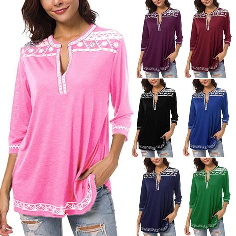 Womens 3 4 Sleeve V Neck T Shirt Blouse Summer Casual Loose Tunic Tops