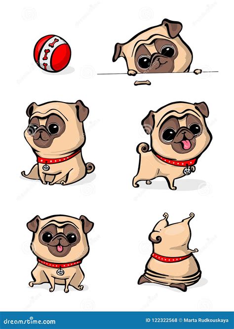 Cartoon Character Pug Dog Poses Cute Pet Dog In The Flat Style Set