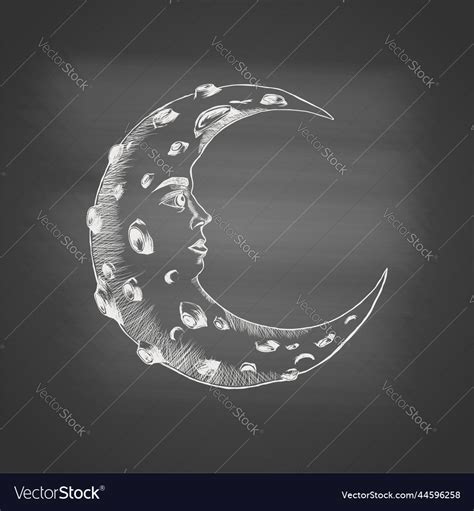 Crescent moon with face and craters - chalk Vector Image