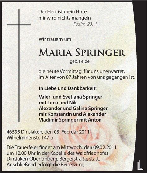 Traueranzeigen Von Maria Springer Trauer In NRW De