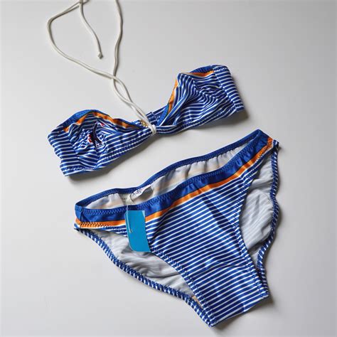 80s Sailor Striped Blue Bandeau Bikini Set Vintage Deadstock Print