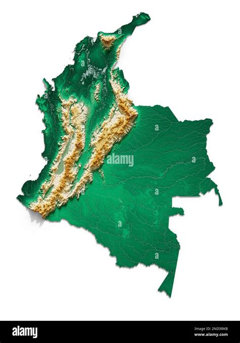 Colombia Representación 3D altamente detallada del mapa sombreado de