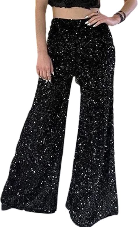 Loalirando Women Sparkle Sequin Bell Bottom Pants High Waist Glitter