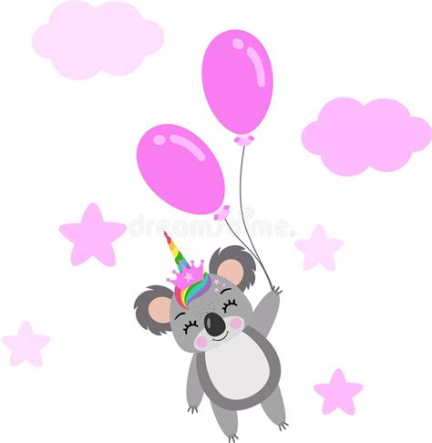 Lindo Unicornio Koala Volando Sosteniendo Globos En El Cielo Con Nubes