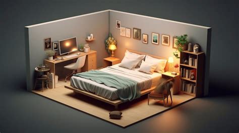 Premium Ai Image A D Model Of A Room With A Bed Desk And Bookshelf