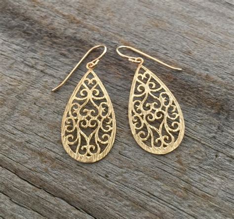 Gold Teardrop Filigree Earrings 14k Gold Filled Ear By Jewelryvv