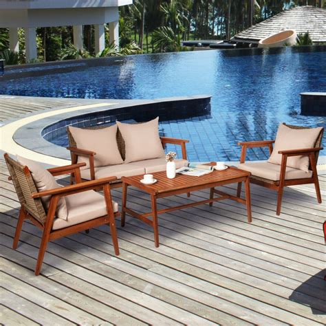 4 Piece Acacia Wood Patio Rattan Furniture Set Costway