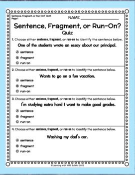 Journeys Gr 4 Grammar Activities Quiz Easel SENTENCES AND RUN ONS