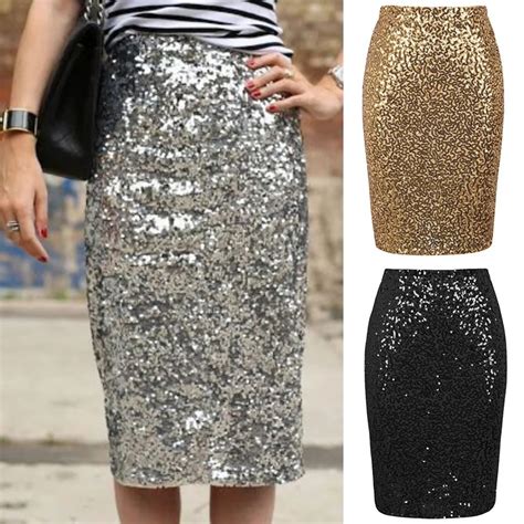 Women Sexy Shiny Sequin Skirt High Waist Glitter Gold Silver Stretchy