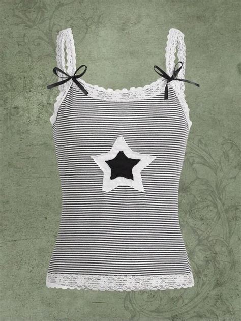 Romwe Fairycore Striped Star Print Contrast Lace Cami Top Shein Uk