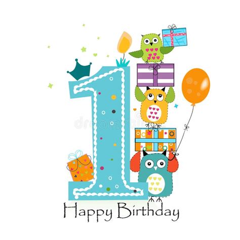 Happy First Birthday with Owls and Gift Box. Baby Boy Birthday Greeting ...