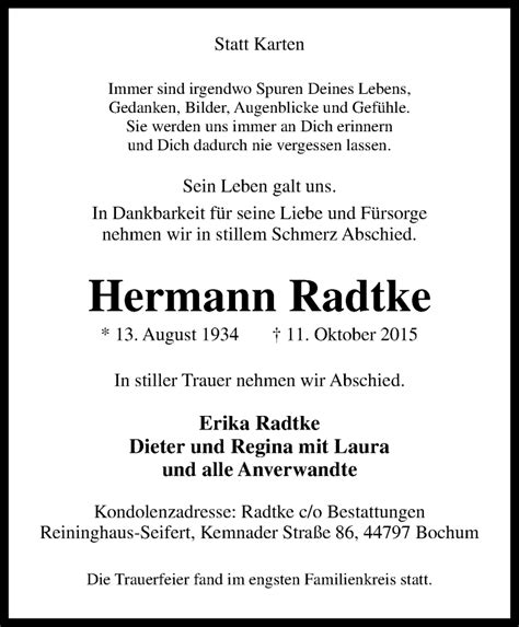 Traueranzeigen Von Hermann Radtke Trauer In NRW De