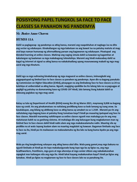 Posisyong Papel Tungkol Sa Face To Face Classes Sa Panahon Ng Pandemya