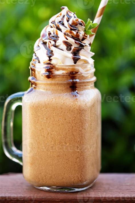 Chocolate Frappe Coffee With Whipped Cream Outside Stock Photo