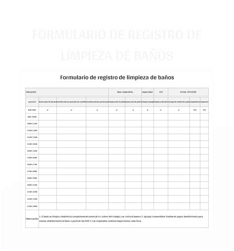 Plantilla de Formato Excel Formulario De Registro De Limpieza De Baños