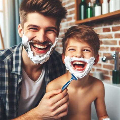 Father And Son Having Fun In A Bathroom Laughing Happily With Shaving