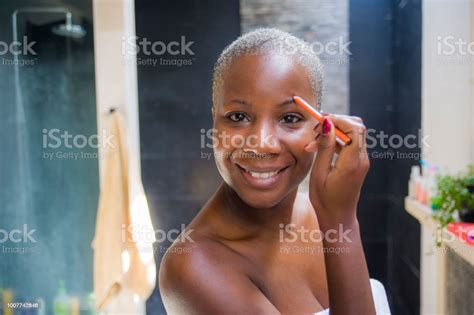 Lifestyle Natural Portrait Of Young Attractive And Happy Black Afro American Woman At Home