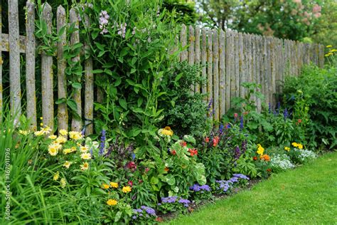 Bauerngarten im Sommer mit blühenden Blumen Salat und Gemüsebeeten