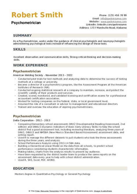 Psychometrician Resume Samples | QwikResume