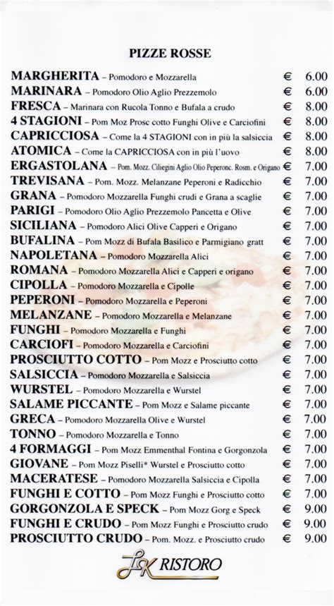 Menu Lk Ristoro Ristorante Pizzeria