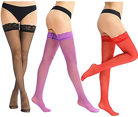 Womens Sheer Thigh High Stockings With Stretch Lace Top Silky Stocking