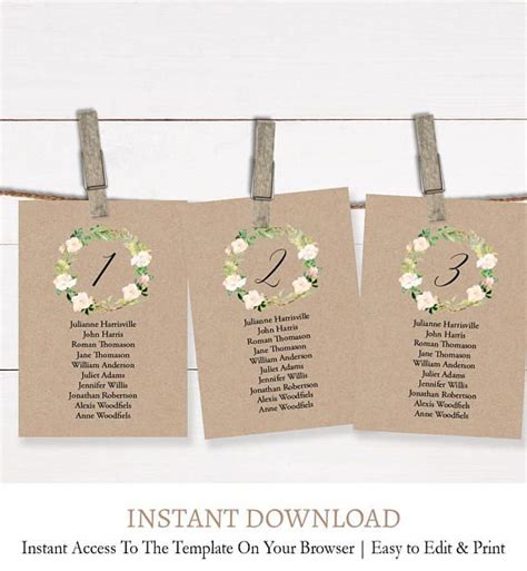 Kraft Seating Cards Wreath Seating Cards Template Rustic Etsy