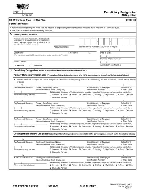 Fillable Online CERF 401 A Savings Plan Beneficiary Designation Form