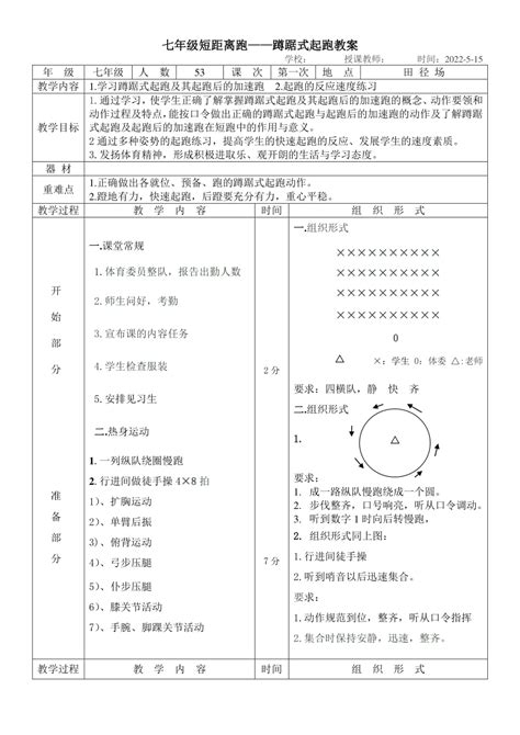 2021—2022学年人教版初中体育与健康七年级 第二章 田径——蹲踞式起跑 教案21世纪教育网 二一教育