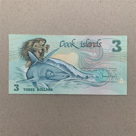 Cook Island 3 Dollars Currency 1987 Nude Woman On Shark P3 Banknote