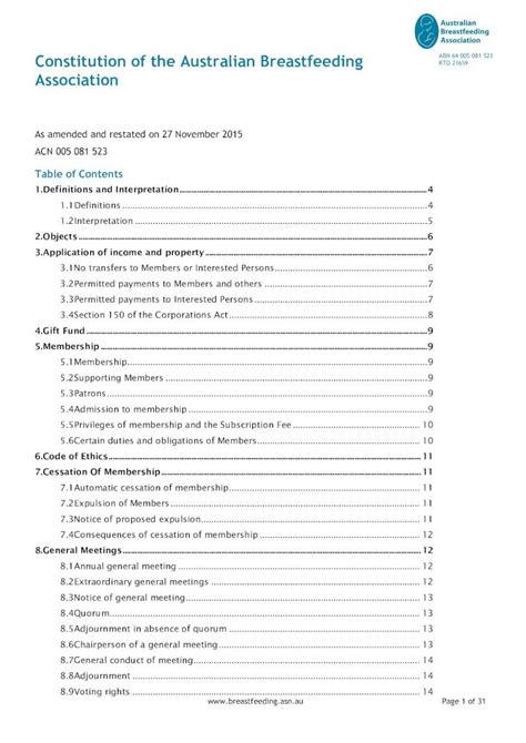 Pdf Constitution Of The Australian Breastfeeding Association