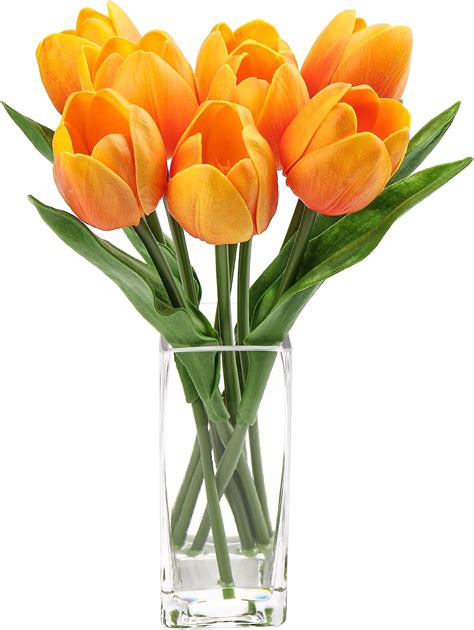 8PCS Artificial Tulips With Glass Vase Realistic Fake Flowers Real