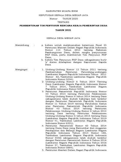 Format Sk Penunjukan Tim Penyusun Rkp Desa 2021 Pdf