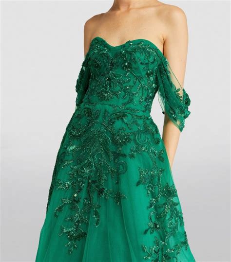 Womens Zuhair Murad Green Embellished Off The Shoulder Gown Harrods