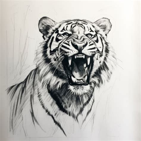 Detailed Charcoal Sketch of Tiger Mouth: Dark and White Illustration ...