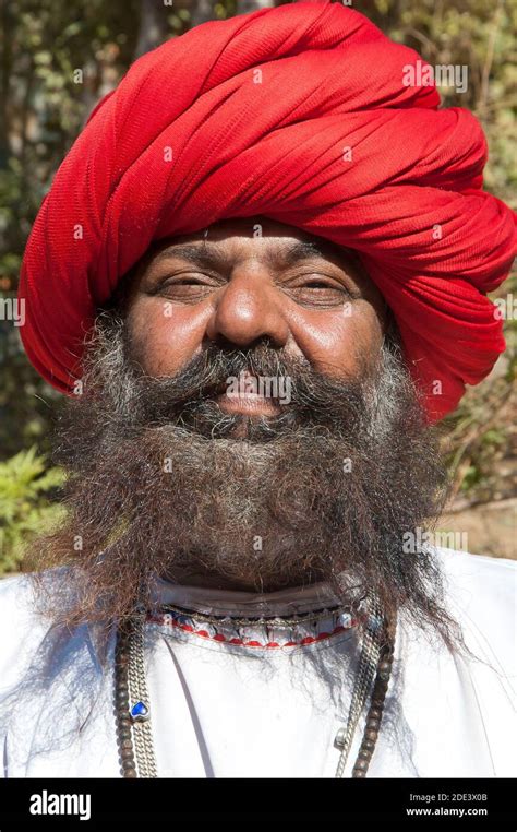 Indian Portrait And Unique Traditional Hat Rajasthan India Stock