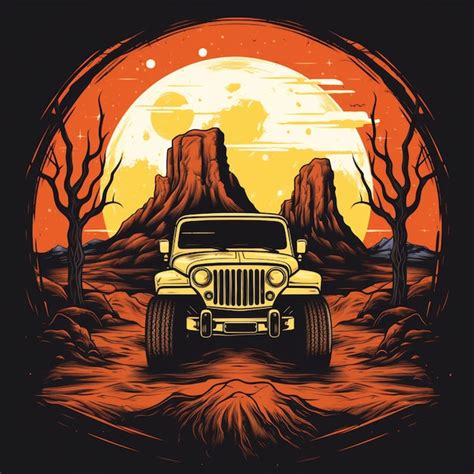 Arafed Jeep Driving Through A Desert Landscape With A Sunset Generative