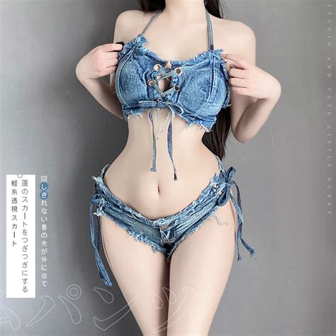 Jual Sexy Lingerie Wanita Bra Set Jeans Cross Back Mini Bikini Tali