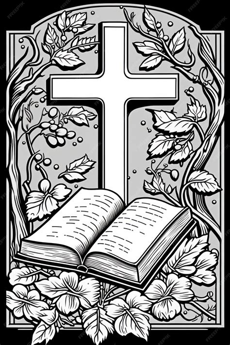 Premium AI Image | Coloring page for adults cross and open bible greyscale