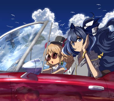 Safebooru 2girls Bangle Bangs Bare Shoulders Bird Black Headwear Blue Bow Blue Eyes Blue Hair