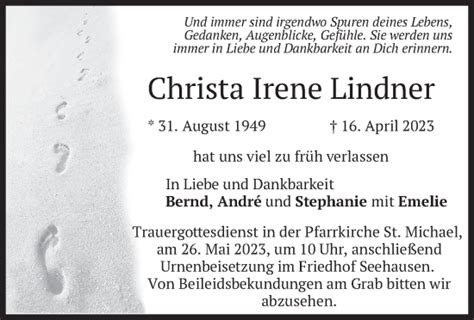 Traueranzeigen Von Christa Irene Lindner Trauer Merkur De