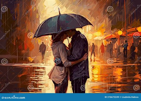 Couple Kissing Under An Umbrella In The Rain Generative Ai Stock