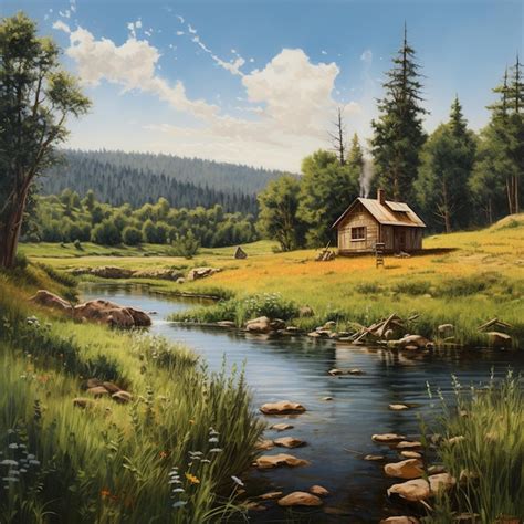 Premium AI Image | a painting of a cabin in a forest with a river and a ...