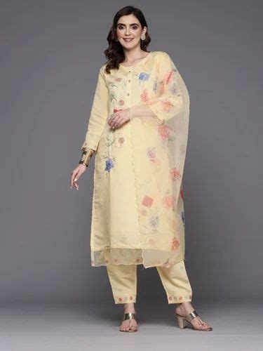 Viscose Rayon Indo Era Yellow Embroidered Straight Kurta Trousers With