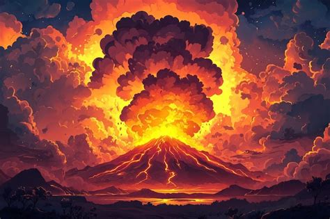 volcano erupting  fiery ash cloud  lava flow premium ai