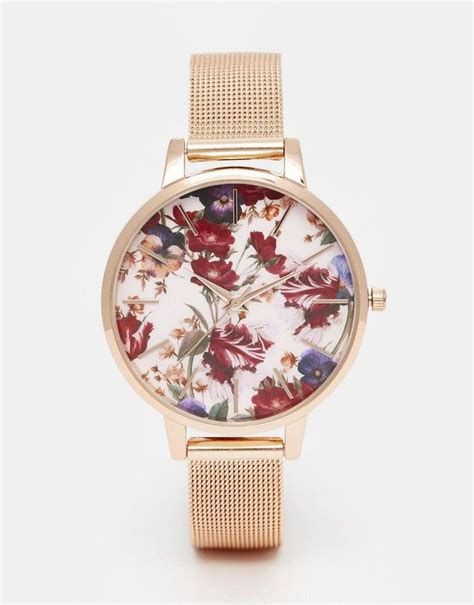 Asos Rose Gold Floral Printed Dial Mesh Strap Watch Floral Watches