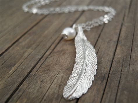 Long Silver Necklace Silver Feather Necklace By Annalisjewelry